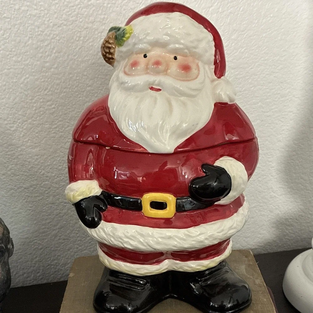 Ceramic Santa Claus Cookie Jar Canister With Lid, Red White Black Gold Christmas